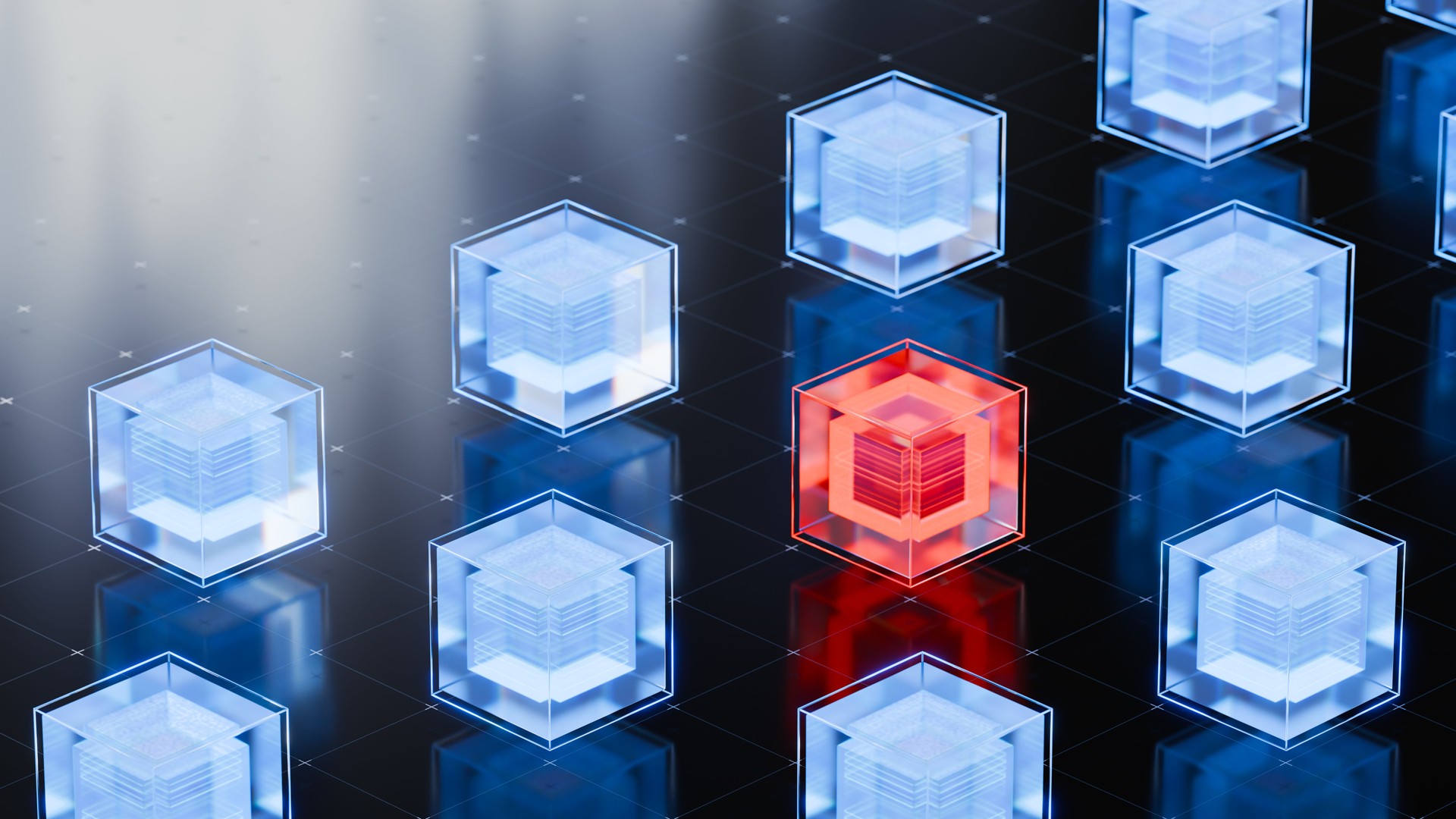 Unique Red Cube Amidst Blue Cubes on Reflective Surface